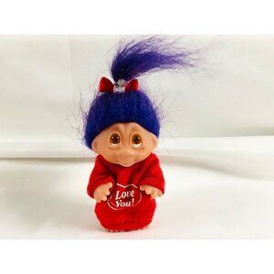 Vintage Dam Troll Doll with Purple Hair and "I love you" Attire